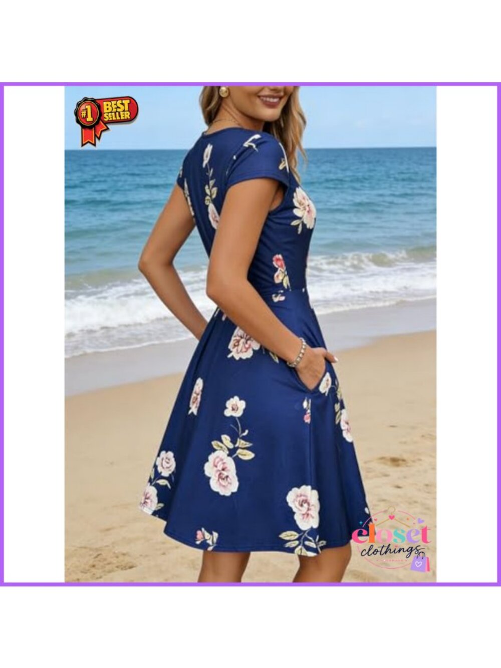 Women's Floral V Neck Midi Dress with Pockets Maternity Graduation Party - Picture 4 of 5
